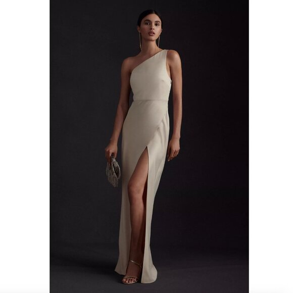 BHLDN (Anthropologie) "Dylan" One Shoulder Maxi Gown in Champagne Satin, size 12 - Picture 5 of 10